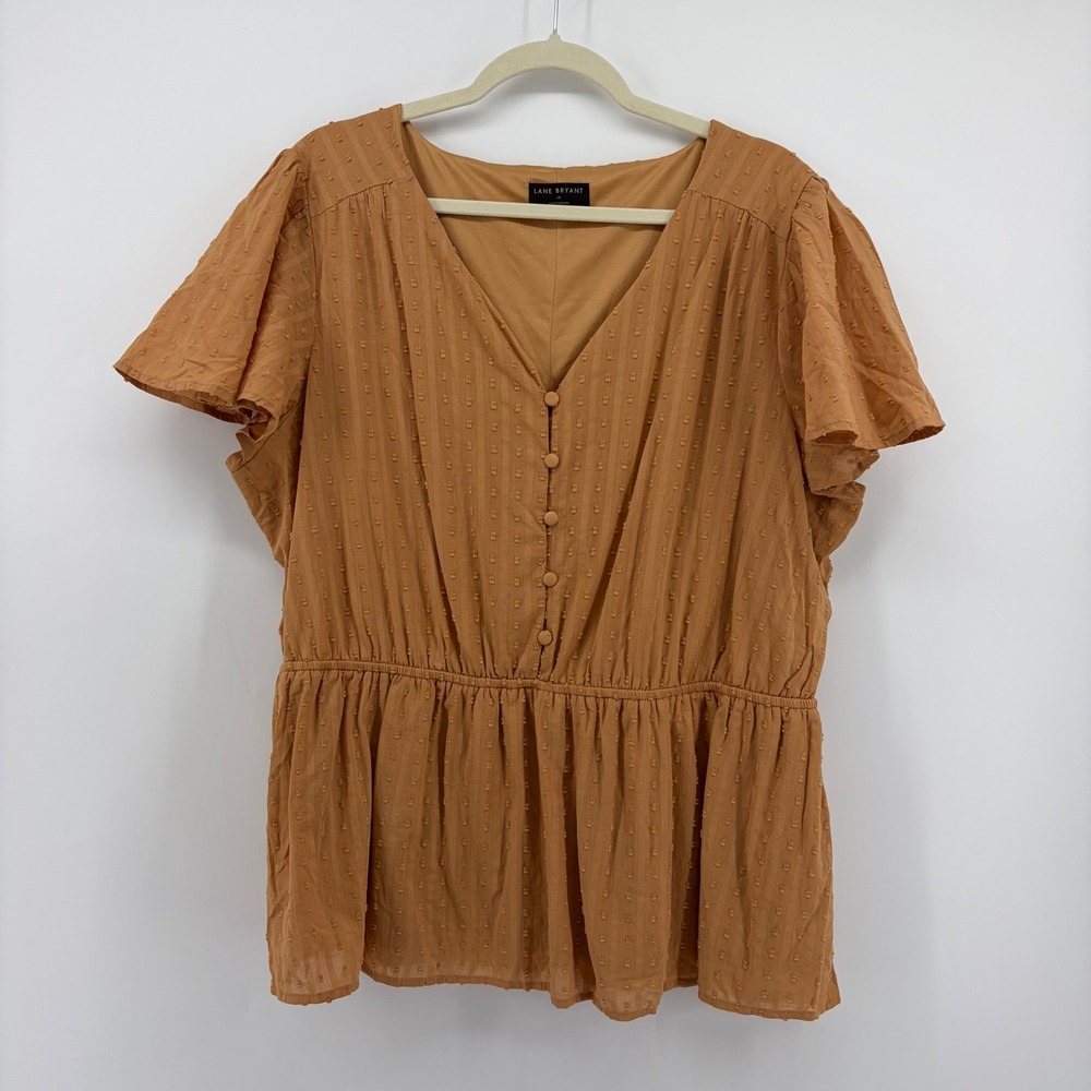 Lane Bryant Womens 18 Brown Peplum Top Swiss Dot Flutter Sleeve V-Neck Boho